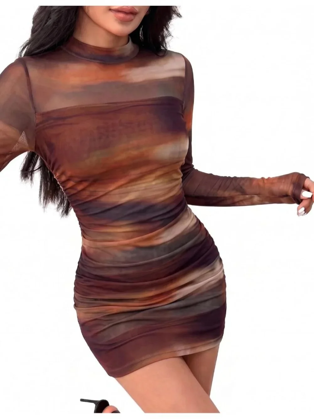 👗 Women's Brown2 Mesh Sheer Long Sleeves Dress Ruched Bodycon Mock Neck Dress